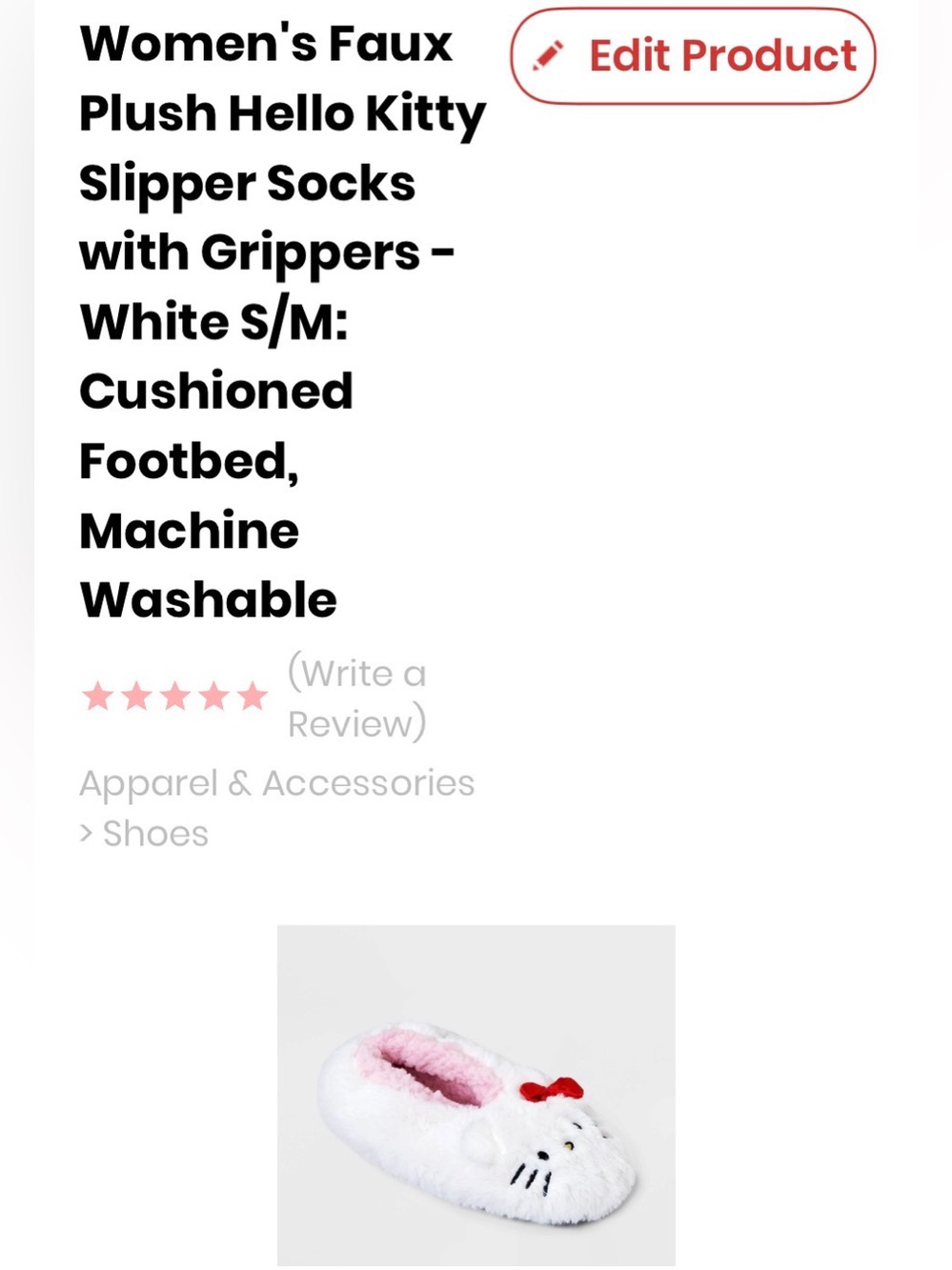 S/M 5.5-7.5 Hello Kitty White Plush Slipper Socks with Pink Lining and Red Bow